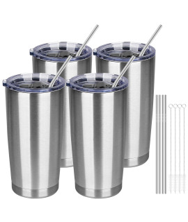 Mezmut 4 Pack Insulated Tumblers With Lids And Straws 20Oz Stainless Steel Coffee Tumbler Cup Double Wall Vacuum Travel Coffee Mugs For Home, Office, Outdoor(Silver,4 Pack)