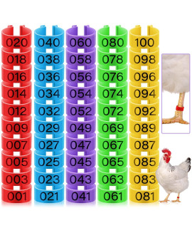 100 Pieces Chicken Leg Rings With 5 Colors Numbered Chicken Leg Bands Colorful Poultry Leg Bands 16 Mm Clip-On Chicken Ankle Rings For Ducks Chicks Chicken Guinea Pigeons Goose Gamefowl Turkey
