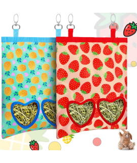 2 Pieces Guinea Pig Hay Bag Rabbit Feeding Bag Small Animal Hay Feeder Bag Hanging Feeder Sack Storage With 2 Holes For Chinchilla Hamsters Rabbit Guinea Pig Small Pets (Strawberry, Pineapple)