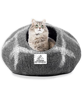 Wool Cat Cave Bed (Medium), Handcrafted from 100% Merino Wool, Eco-Friendly Felt Cat Cave for Indoor Cats and Kittens (Pebble Stripe)