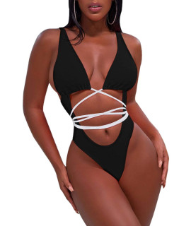 Sovoyontee Womens Thong Sexy One Piece Bikini Swimsuits Swimwear, White String Match Black Top And Bottom, Xl