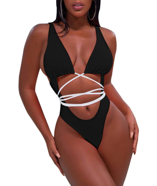Sovoyontee Womens Thong Sexy One Piece Bikini Swimsuits Swimwear, White String Match Black Top And Bottom, Xl