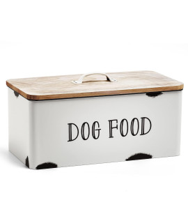 JIAYUAN Farmhouse Dog Food Storage Container White Dog Treat Dispenser Tin Pet Food Canister Bin with Wood Lid for Dogs Rustic