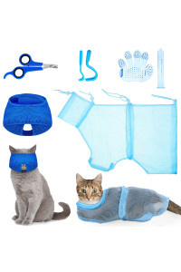 5 Pieces Cat Bathing Bag Set Cat Grooming Bag Adjustable Pet Shower Net Bag Cat Muzzles Anti-Bite Anti-Scratch Nail Clipper Tick Remover Tool Massage Brush For Pet Bathing Cleaning Trimming (Blue)