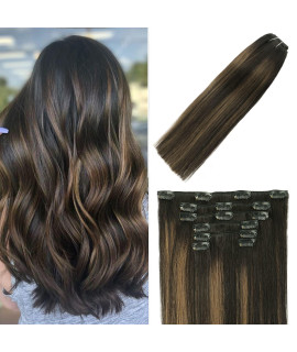 clip in Hair Extensions Human Hair Balayage Natural Black to chestnut Brown Highlights for Black Hair 70g 22Inch 7PcS 1BT6P1B
