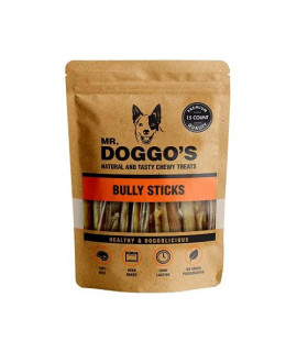 Mr. Doggo's - Bully Sticks | Oven-Baked | 6 Inch | 15 Count | Natural Dog Treats | 100% Grass-Fed Beef | Wholesome | Chemical-free | Long Lasting Dog Chews | Fully Digestible | Healthy and Chewy Treat