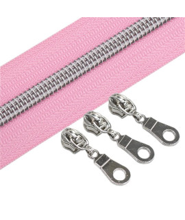 YaHoga 5 Silver Metallic Nylon coil Zippers by The Yard Bulk Pink Tape 10 Yards with 25pcs Sliders for DIY Sewing Tailor craft Bag (Silver Pink)
