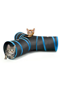 Pawaboo cat Toys, cat Tunnel Tube 3-Way Tunnels 25x53cm Extensible collapsible cat Play Tent Interactive Toy Maze cat House Bed with Balls and Bells for cat Kitten Kitty Rabbit Small Animal, Blue