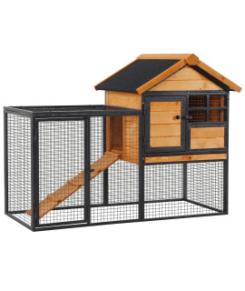 PawHut 2-Level Rabbit Hutch Bunny House with Weatherproof Hinged Asphalt Roof, Removable Tray and Ramp for Outdoor
