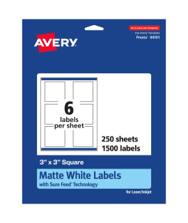 Avery Matte White Square Labels with Sure Feed, 3 x 3, 1,500 Matte White Printable Labels