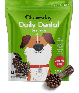 Chewsday Small Cinnamon Clean Daily Dental Dog Chews, Made in The USA, Natural Highly-Digestible Oral Health Treats for Healthy Gums and Teeth - 14 Count