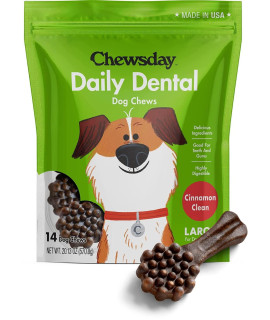 Chewsday Large Cinnamon Clean Daily Dental Dog Chews, Made in The USA, Natural Highly-Digestible Oral Health Treats for Healthy Gums and Teeth - 14 Count