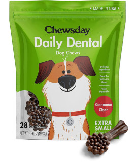 Chewsday Extra Small Cinnamon Clean Daily Dental Dog Chews, Made in The USA, Natural Highly-Digestible Oral Health Treats for Healthy Gums and Teeth - 28 Count