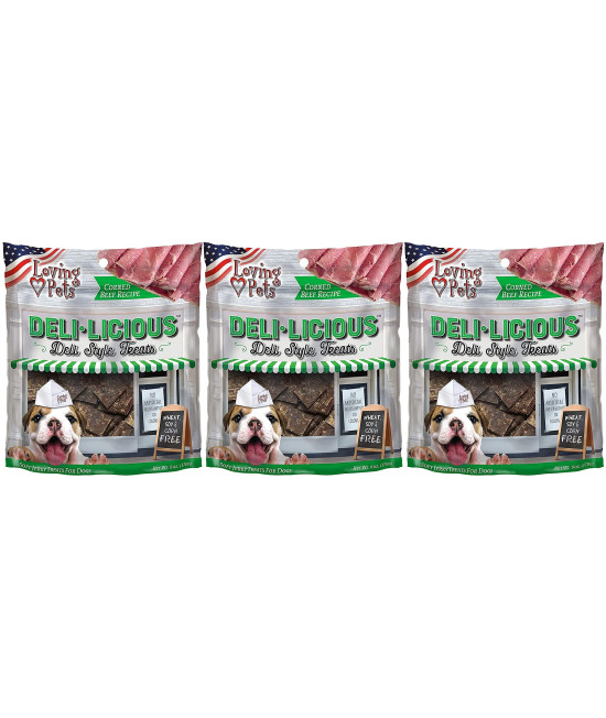 Loving Pets 3 Pack of corned Beef Deli-Licious Soft Jerky Dog Treats 6 Ounces Each with No Wheat Soy or corn