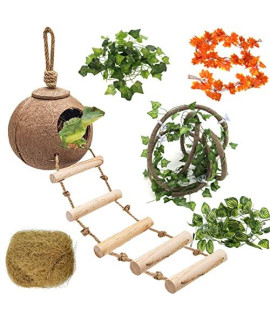 Hercocci Leopard Gecko Tank Accessories, Coconut Shell Ladder Hideout Hole Reptile Climbing Vine Habitat Decor With 3 Pieces Colorful Plastic Plants For Chameleon Lizard Snake Hermit Crab