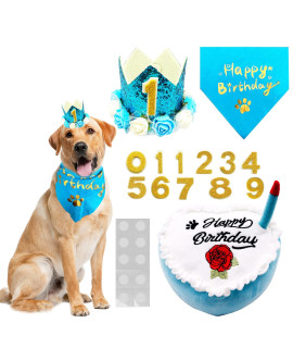 Pet Show Small Dog Birthday Bandana Set Blue For Boys With Puppy Crown Hat And Heart Plush Cake Toy With Bell Inside Doggies Happy Birthday Party Supplies Decorations For Medium Large Dogs