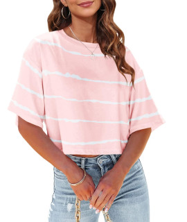 Tankaneo Women Half Sleeve Stripe Crop T-Shirt Casual Round Neck Summer Tops Loose Fit Pullover Base Tees