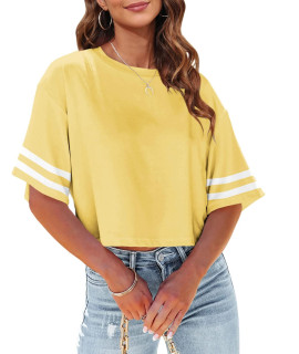 Tankaneo Women Striped Half Sleeve Crop T-Shirt Round Neck Casual Tees Loose Fit Summer Base Tops