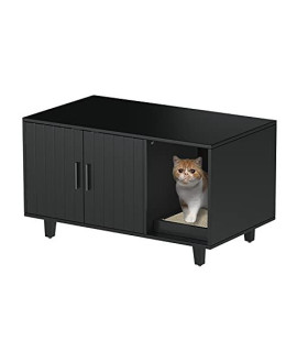 GOOD LIFE USA Modern Wood Pet Crate Cat Washroom Hidden Litter Box Enclosure Furniture House Table Nightstand with Cat Scratch Pad (Black)
