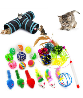icAgY cat Toys, Kitten Toys, cat Tunnel 3 Ways, 25 Assorted cat Stuff Toys Pack crinkle Tunnel Ball Wand Teaser Feather Mouse Mice Spring Assortment Kit for cats Kittens Rabbits Puppies