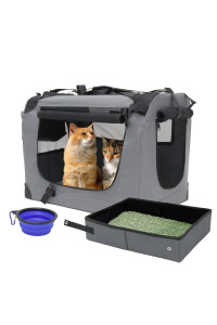 Prutapet Large Cat Carrier 24x16.5x16.5 Soft-Sided Portable Pet Crate for Car Traveling with Collapsible Litter Box and Bowl