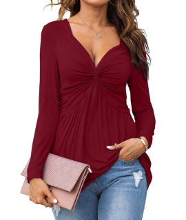 Tankaneo Women V-Neck Front Knotted Blouse Shirt Long Sleeve Elegant Casual T-Shirt Solid Color Pullover Tops