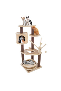 6-Tier Cat Tower- Cushioned Pet Bed, Napping Perches, Kitty Condo Hut, and Spring Arms with 3 Hanging Toys Fully Carpeted by PETMAKER (Brown/Beige)
