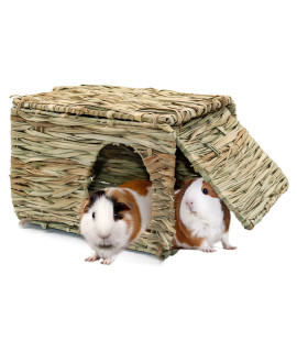 Bwogue Large Grass House For Guinea Pigs,Hand Woven Straw Hut Foldable Small Animal Play Hideaway Bed With Double Openings Playhouse For Bunny Guinea Pig Chinchilla Ferret