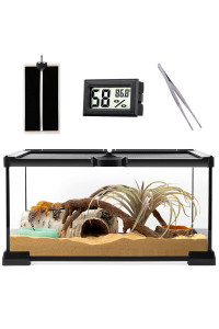 Reptile Glass Terrarium - Amphibians Habitat Cages 12" x 8" x 6.3" Starter Kits, Top Sliding Door Screen Ventilation Mini Tanks with Heating Mat, Stainless Steel Tweezer, Hygrometer Thermometer