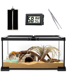 Reptile Glass Terrarium - Amphibians Habitat Cages 12" x 8" x 6.3" Starter Kits, Top Sliding Door Screen Ventilation Mini Tanks with Heating Mat, Stainless Steel Tweezer, Hygrometer Thermometer