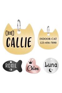 Ultra Joys Cat Tags Personalized Small Cat Dog ID Tag - Cat Collar with Name Tag Pet Tags for Cats - Stainless Steel Cat Name Tags - Pet Tags for Cats Both Side Engravable, Cat Head Tag in Gold