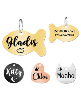 Ultra Joys Cat Tags Personalized Small Cat Dog ID Tag - Cat Collar with Name Tag Pet Tags for Cats - Stainless Steel Cat Name Tags - Pet Tags for Cats Both Side Engravable, Fish Tag in Gold