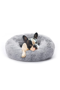 Eterish 20 Inches Fluffy Round Calming Dog Bed Plush Faux Fur, Anxiety Donut Dog Bed For Small Dogs And Cats, Pet Cat Bed With Raised Rim, Machine Washable, Light Grey