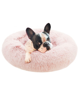Eterish 20 Inches Fluffy Round Calming Dog Bed Plush Faux Fur, Anxiety Donut Dog Bed For Small Dogs And Cats, Pet Cat Bed With Raised Rim, Machine Washable, Pink