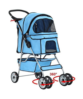 CL Store 4 Wheels Dog Stroller Pet Cat Stroller,Foldable Travel Carriage,Portable Carrier Strolling Cart,Doggie for Small Medium Pets w/Cushion,Storage Basket,Cup Holder(Blue)