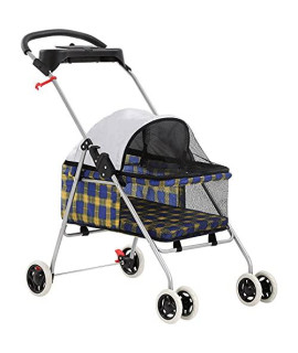 CL.Store Dog Stroller Pet Cat 4 Wheels Folding wCup Holder Durable Waterproof Strollers Portable Travel Strolling Cart wZippered Mesh Windows & Pad Canopy,Yellow Plaid, Dog Pet Cat Stroller