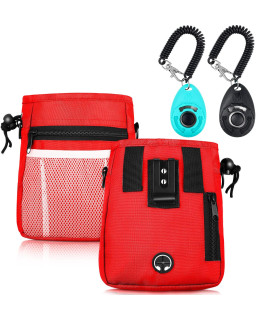 Weewooday Dog Clicker Training Kit, 1 Dog Treat Training Pouch And 2 Pieces Pet Training Clicker With Wrist Strap, Built In Poop Bag Dispenser Easily Carrying Pet Toys Treats (Red,Solid Pattern)