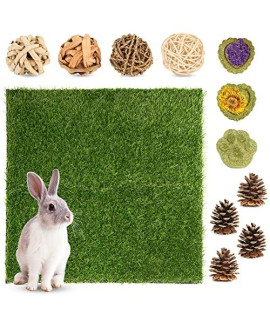 12 Pcs Rabbit Artificial Grass Mat Set, 20'' x 20'' Rabbit Grass Pee Pad with Guinea Pig Chew Toys, Training Replacement Artificial Turf for Rabbit, Hamster, Bunny, Guinea Pig, Other Small Animals