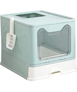 Unityown Large Cat Litter Box with Lid, Enclosed Covered Kitty Litter Boxes, Top Entry Type Anti-Splashing Litterbox, Foldable Cat Supplies with Pet Plastic Scoop (Blue)