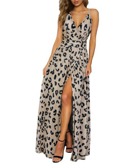 Newshows Womens Summer V Neck Spaghetti Strap Sleeveless Casual Split Long Maxi Cheetah Leopard Long Maxi Dress Dress(Floral 13, Large)