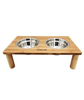 DUBSTAR Raised Dog Bowls for Small Dogs and Cats, Bamboo Elevated Dog Bowl with Removable Stand Pet Food Feeding Station, Include 2 Stainless Steel Dishes, Natural Bamboos Color - 3.5" Tall