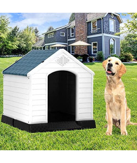 Plastic Dog House, Big Dog House Water Resistant Dog Kennel with Air Vents and Elevated Floor for Large Medium Small Dogs, All Weather Indoor Outdoor Extra Large Dog House, Puppy Shelter