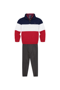 Tommy Hilfiger Baby Boys 3-Piece Pullover Sweater Set, Matching Button-Down Shirt, Sweater & Pants, Flag Blue Block, 6-9 Months