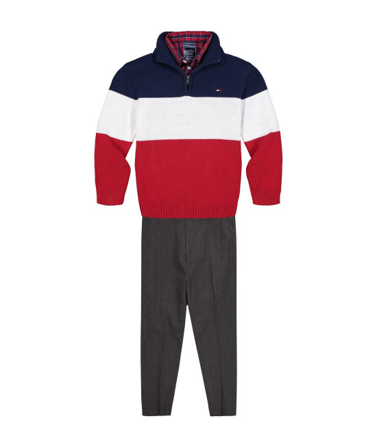 Tommy Hilfiger Baby Boys 3-Piece Pullover Sweater Set, Matching Button-Down Shirt, Sweater & Pants, Flag Blue Block, 6-9 Months