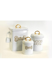 Barkley and Evans Barkley & Evans Set of 3 Pet Food & Treat Storage Canisters, Matching Metal Containers Hold Dry Treats for Dogs or Cats - White & Gold