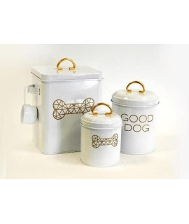 Barkley and Evans Barkley & Evans Set of 3 Pet Food & Treat Storage Canisters, Matching Metal Containers Hold Dry Treats for Dogs or Cats - White & Gold