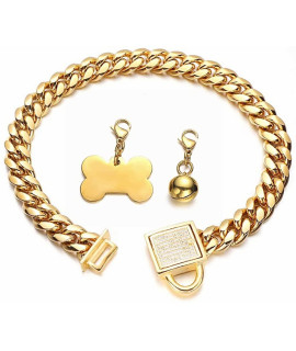 Aiyidi Gold Dog Chain Collar 10mm Wide Cuban Link Puppy Collar Golden Dog tag Golden Bell Stainless Steel with Bling Cubic Zirconia Secure Buckle Choke Collar for Dogs(14'')