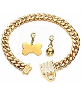 Aiyidi Gold Dog Chain Collar 10mm Wide Cuban Link Puppy Collar Golden Dog tag Golden Bell Stainless Steel with Bling Cubic Zirconia Secure Buckle Choke Collar for Dogs(22inches)