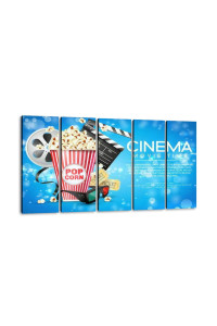 Large Canvas Print 5 Panels Art Wall Paintings Elements Of The Film Industry A Box Of Popcorn And Other Elements Of Stretched Framed Wall Poster Picture On Canvas Home Decor - 60X32 Inch Total