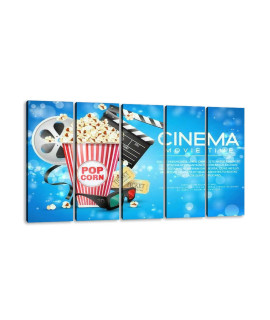 Large Canvas Print 5 Panels Art Wall Paintings Elements Of The Film Industry A Box Of Popcorn And Other Elements Of Stretched Framed Wall Poster Picture On Canvas Home Decor - 60X32 Inch Total
